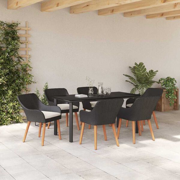 vidaXL Garden Dining Set with Cushion 7 pcs Black Poly Rattan