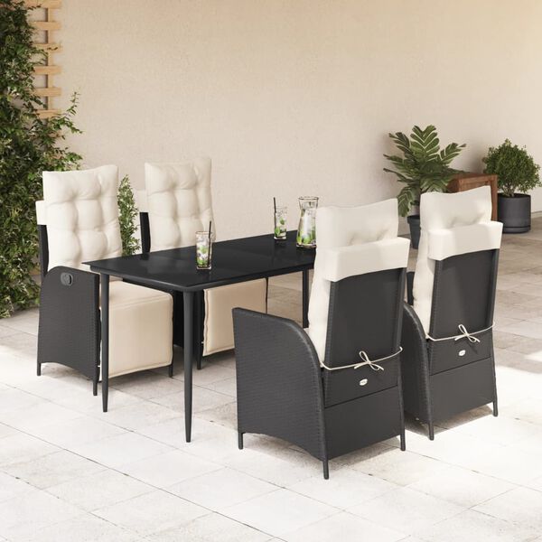 vidaXL 5 Piece Garden Dining Set with Cushions Black Poly Rattan