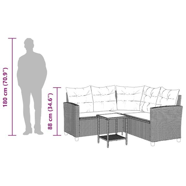 vidaXL Garden Sofa with Table&Cushions L-shaped Black Poly Rattan