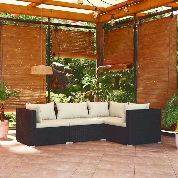 vidaXL 4 Piece Garden Lounge Set with Cushions Poly Rattan Black