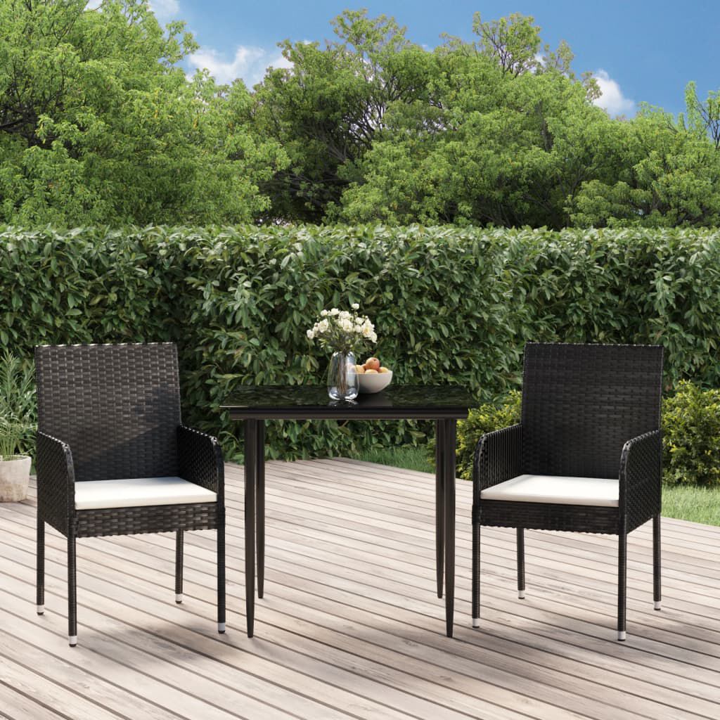 vidaXL 3 Piece Garden Dining Set with Cushions Black Poly Rattan