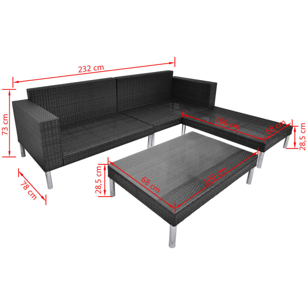 vidaXL 4 Piece Garden Lounge Set with Cushions Poly Rattan Black