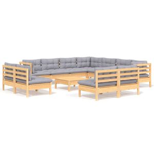 vidaXL 12 Piece Garden Lounge Set with Grey Cushions Solid Pinewood
