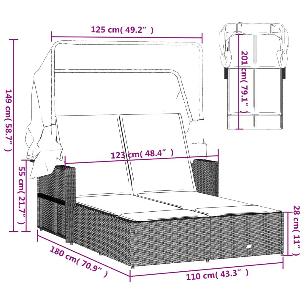 vidaXL Double Sun Lounger with Canopy and Cushions Black Poly Rattan