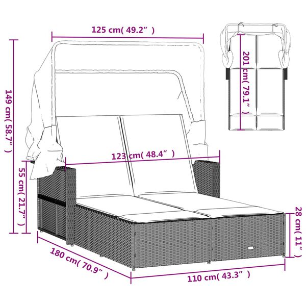 vidaXL Double Sun Lounger with Canopy and Cushions Black Poly Rattan