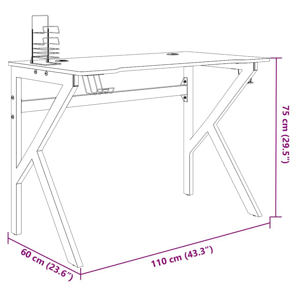 vidaXL Gaming Desk with K Shape Legs Black 110x60x75 cm