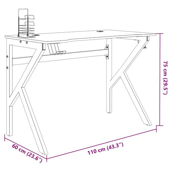 vidaXL Gaming Desk with K Shape Legs Black 110x60x75 cm