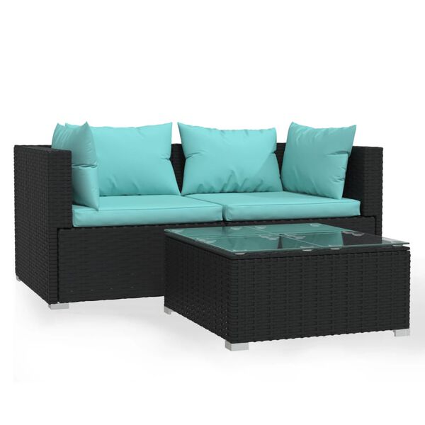 vidaXL 3 Piece Garden Lounge Set with Cushions Black Poly Rattan
