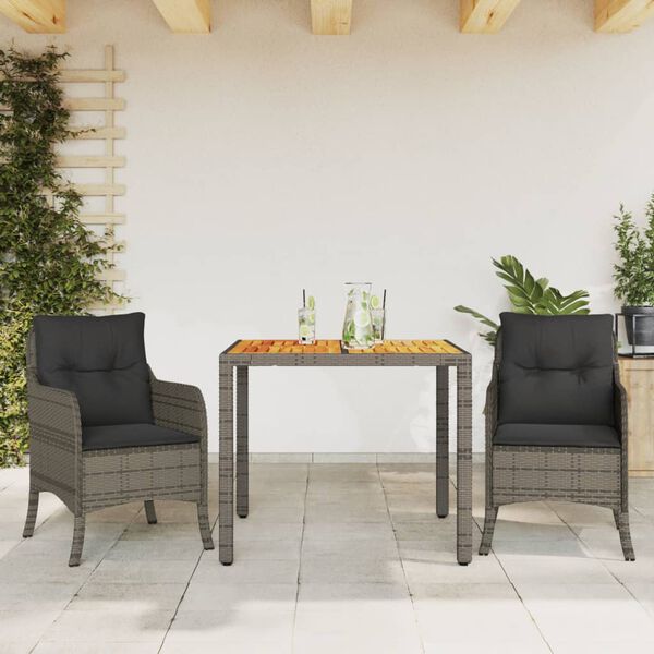 vidaXL 3 Piece Garden Dining Set with Cushions Grey Poly Rattan
