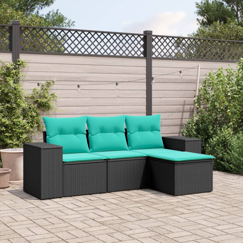 vidaXL 4 Piece Garden Sofa Set with Cushions Black Poly Rattan