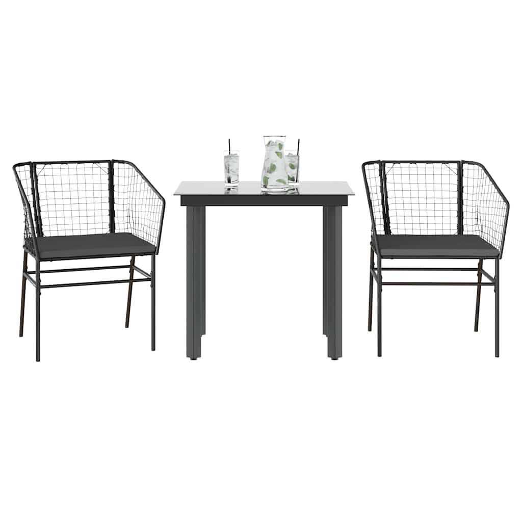 vidaXL 3 Piece Garden Dining Set with Cushions Black Poly Rattan Glass