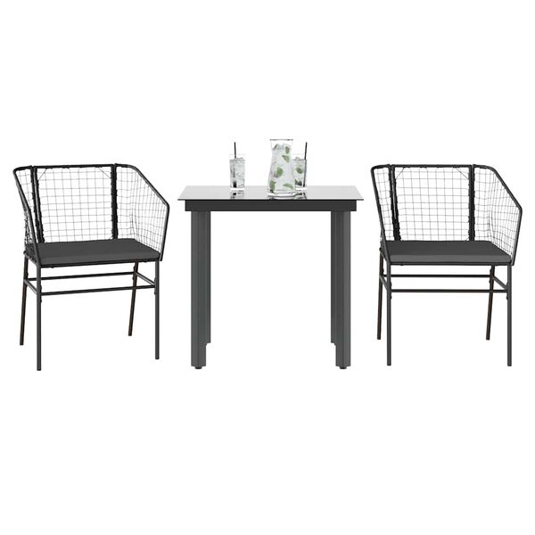 vidaXL 3 Piece Garden Dining Set with Cushions Black Poly Rattan Glass