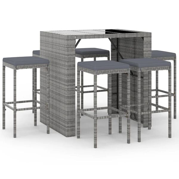 vidaXL 7 Piece Garden Bar Set with Cushions Grey Poly Rattan