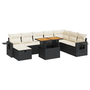 vidaXL 9 Piece Garden Sofa Set with Cushions Black Poly Rattan Acacia
