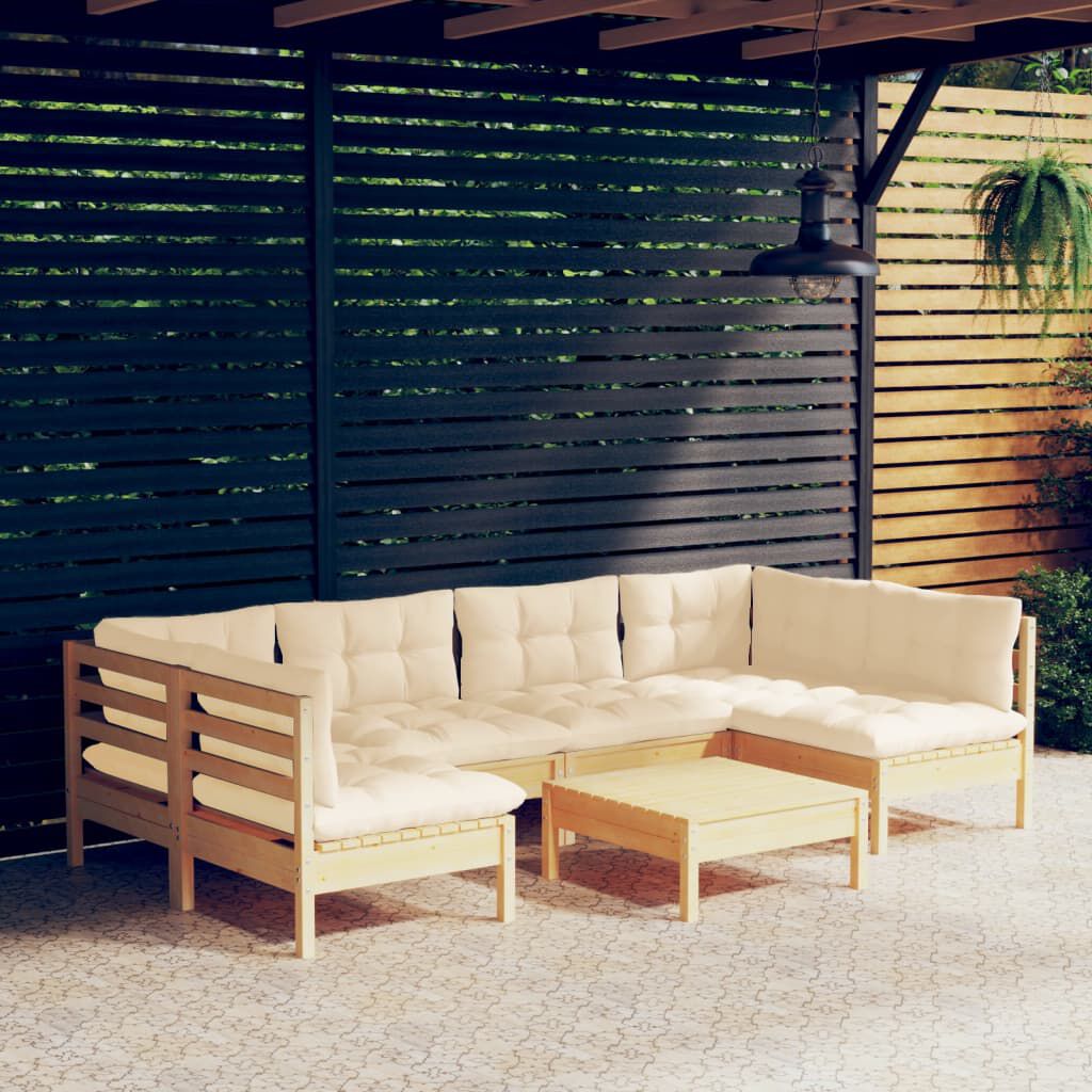 vidaXL 7 Piece Garden Lounge Set with Cream Cushions Solid Pinewood