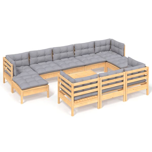 vidaXL 11 Piece Garden Lounge Set with Grey Cushions Solid Pinewood
