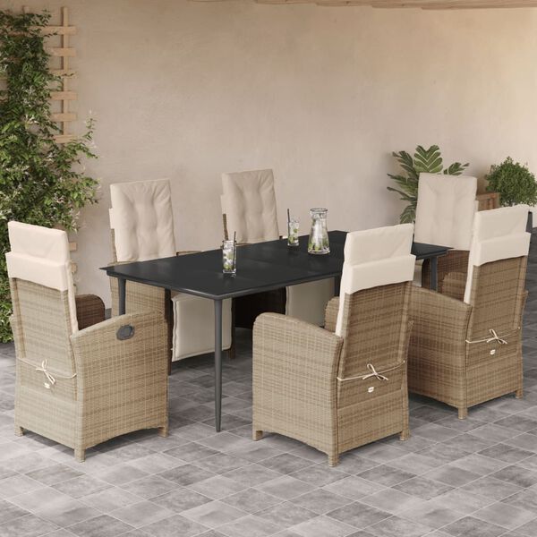 vidaXL 7 Piece Garden Dining Set with Cushions Beige Poly Rattan