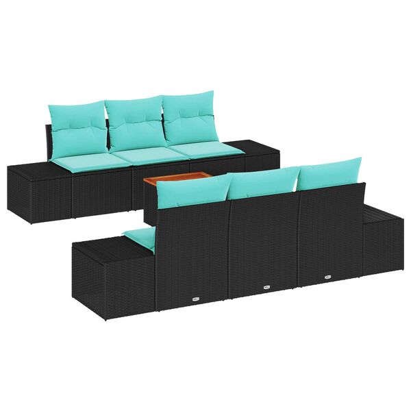 vidaXL 7 Piece Garden Sofa Set with Cushions Black Poly Rattan Acacia