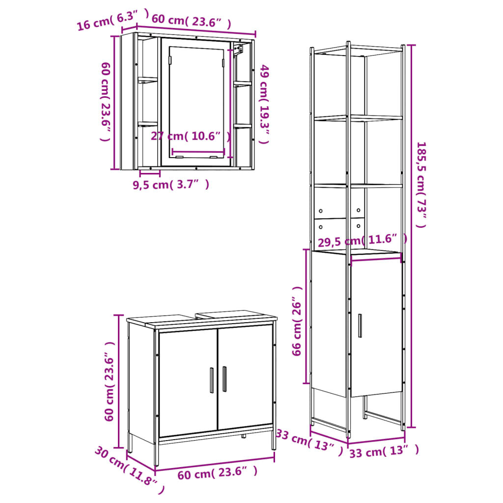 vidaXL 3 Piece Bathroom Cabinet Set Black Engineered Wood