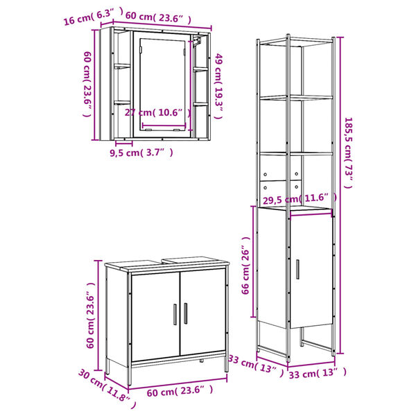 vidaXL 3 Piece Bathroom Cabinet Set Black Engineered Wood