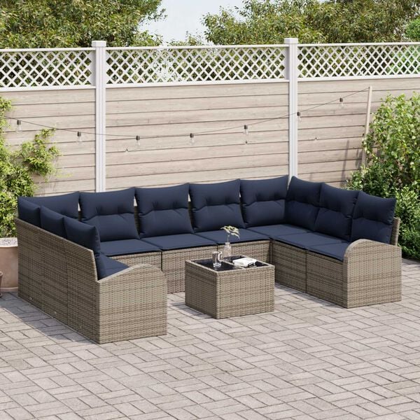vidaXL 10 Piece Garden Sofa Set with Cushions Grey Poly Rattan