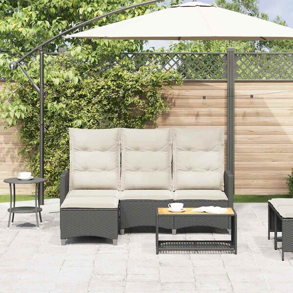 vidaXL Reclining Garden Sofa with Cushions L-shaped Black Poly Rattan