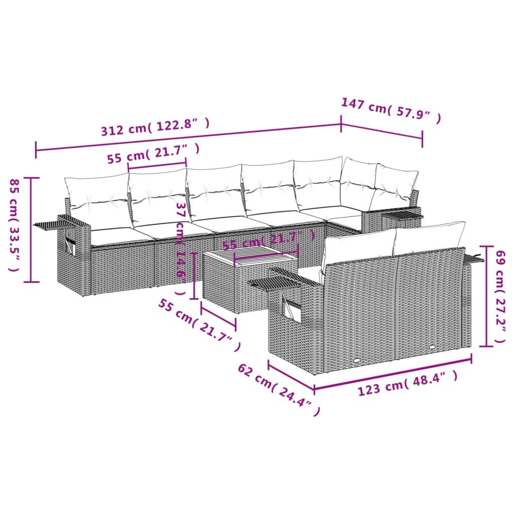 vidaXL 9 Piece Garden Sofa Set with Cushions Grey Poly Rattan