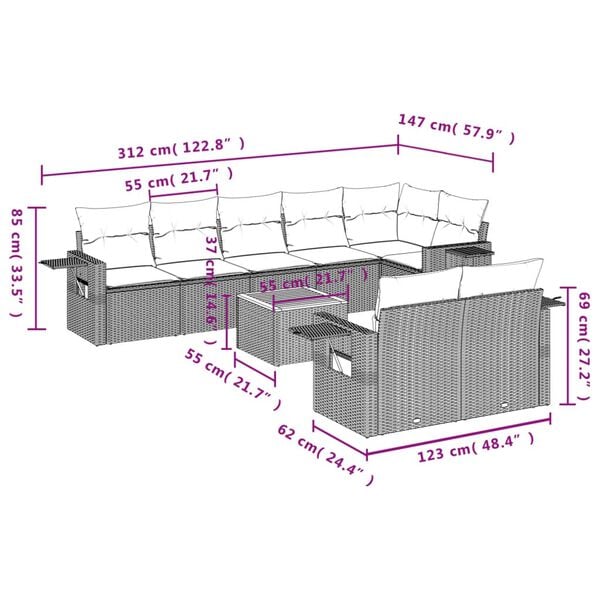 vidaXL 9 Piece Garden Sofa Set with Cushions Grey Poly Rattan