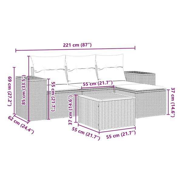 vidaXL 5 Piece Garden Sofa Set with Cushions Black Poly Rattan