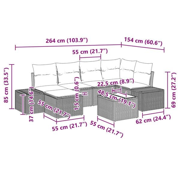 vidaXL 7 Piece Garden Sofa Set with Cushions Grey Poly Rattan
