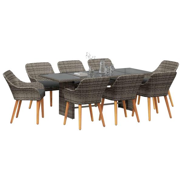 vidaXL Garden Dining Set with Cushion 9 pcs Grey Poly Rattan