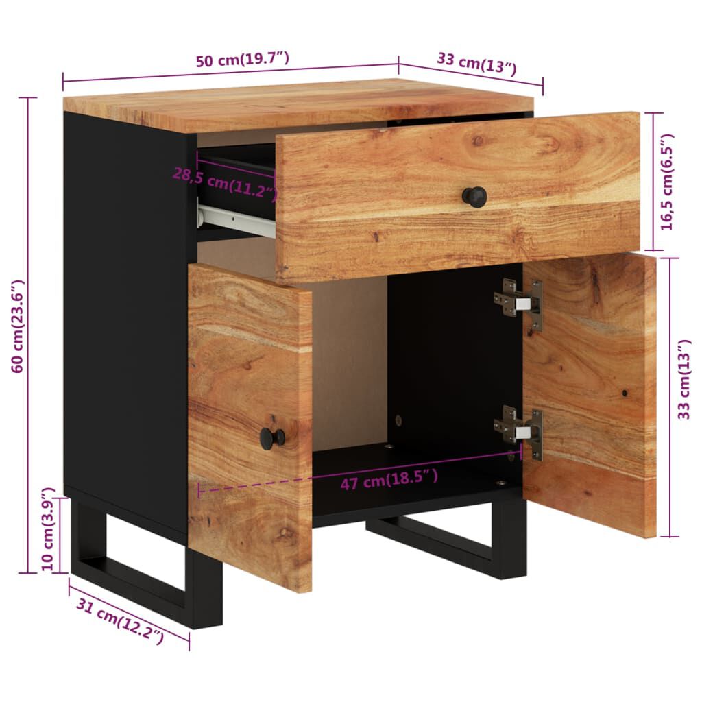 vidaXL Bedside Cabinet 50x33x60 cm Solid Wood Acacia&Engineered Wood