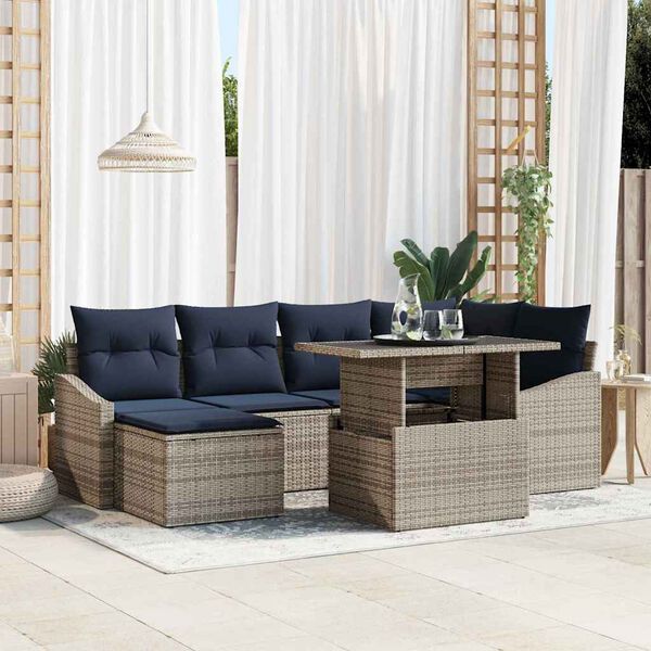 vidaXL Sofa Set with Cushion 7 pcs Grey and Navy Blue Poly rattan