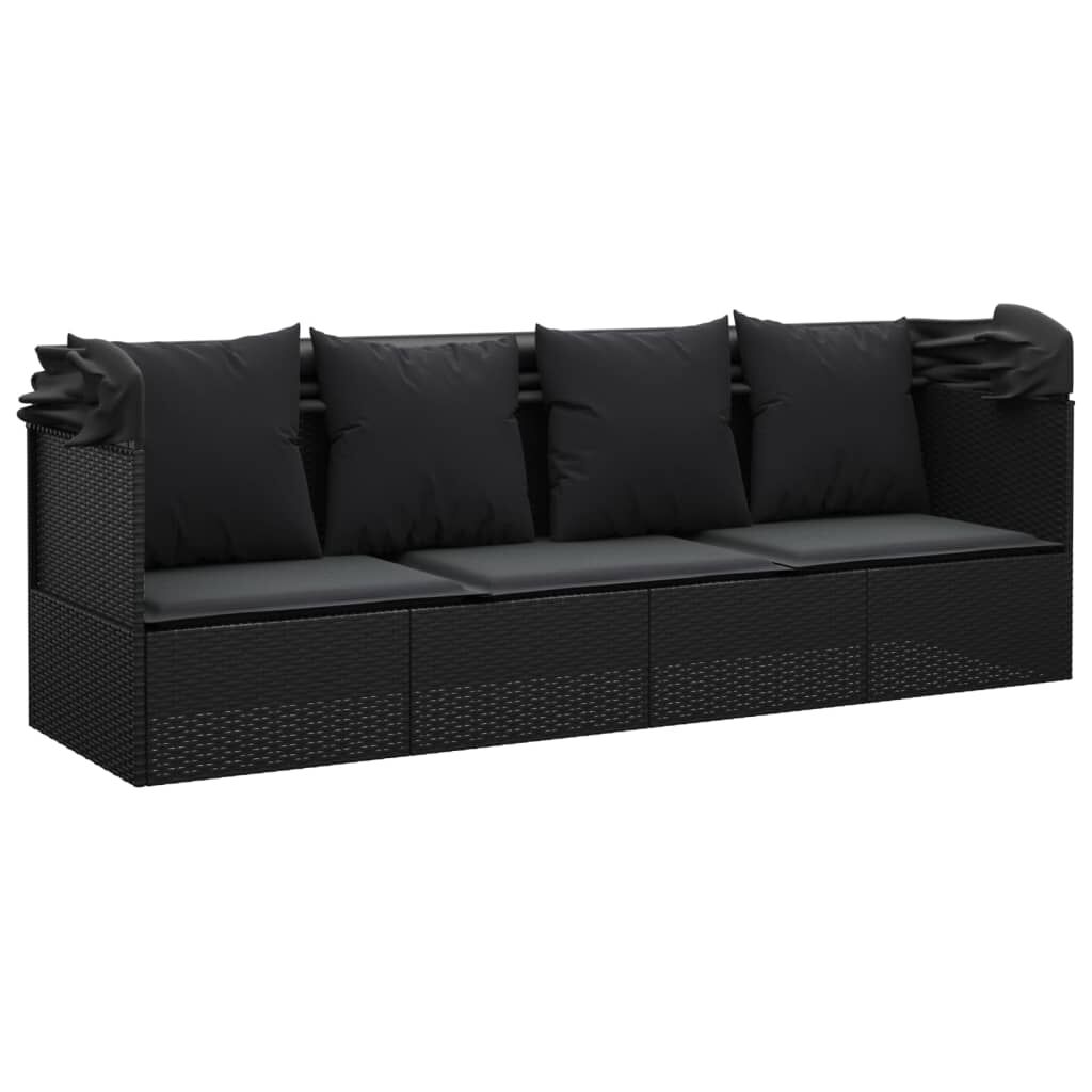 vidaXL Outdoor Lounge Bed with Roof and Cushions Black Poly Rattan