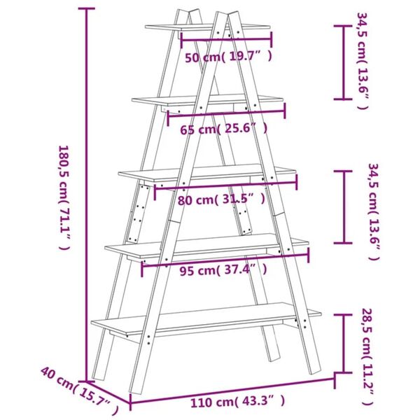 vidaXL 5-Tier Shelf A-shape 110x40x180.5 cm Solid Wood Pine