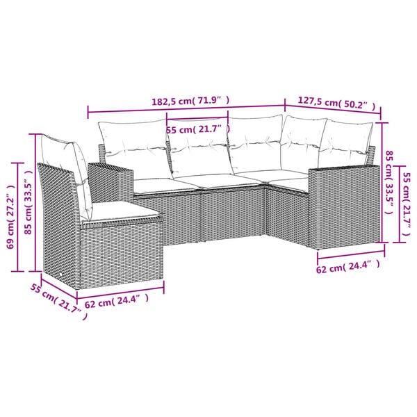 vidaXL 5 Piece Garden Sofa Set with Cushions Grey Poly Rattan