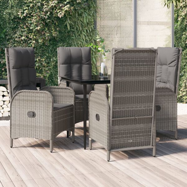 vidaXL 5 Piece Garden Dining Set with Cushions Black and Grey Poly Rattan