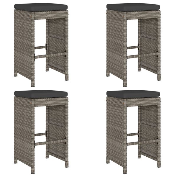 vidaXL Garden Bar Stools with Cushions 4 pcs Grey Poly Rattan