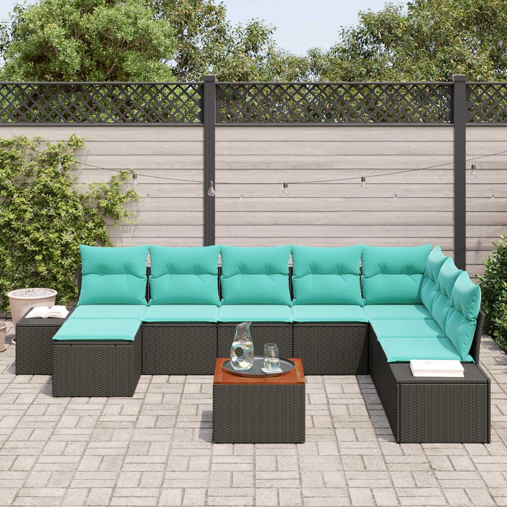 vidaXL 9 Piece Garden Sofa Set with Cushions Black Poly Rattan Acacia