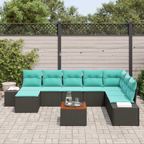 vidaXL 9 Piece Garden Sofa Set with Cushions Black Poly Rattan Acacia