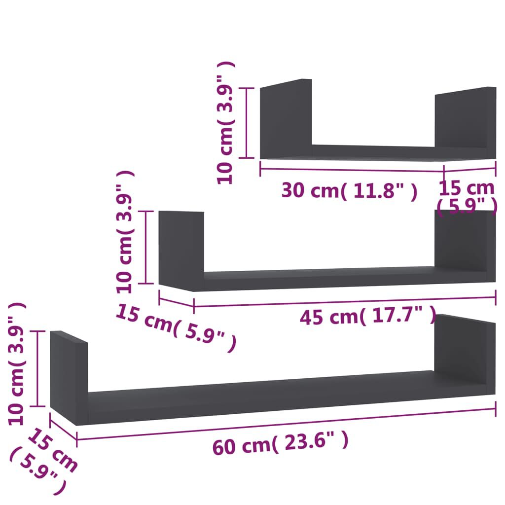 vidaXL Wall Display Shelf 3 pcs Grey Engineered Wood
