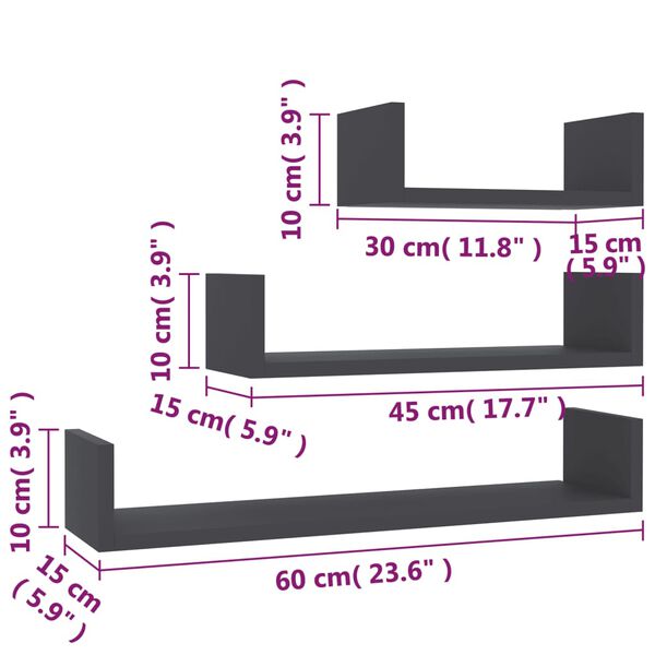 vidaXL Wall Display Shelf 3 pcs Grey Engineered Wood