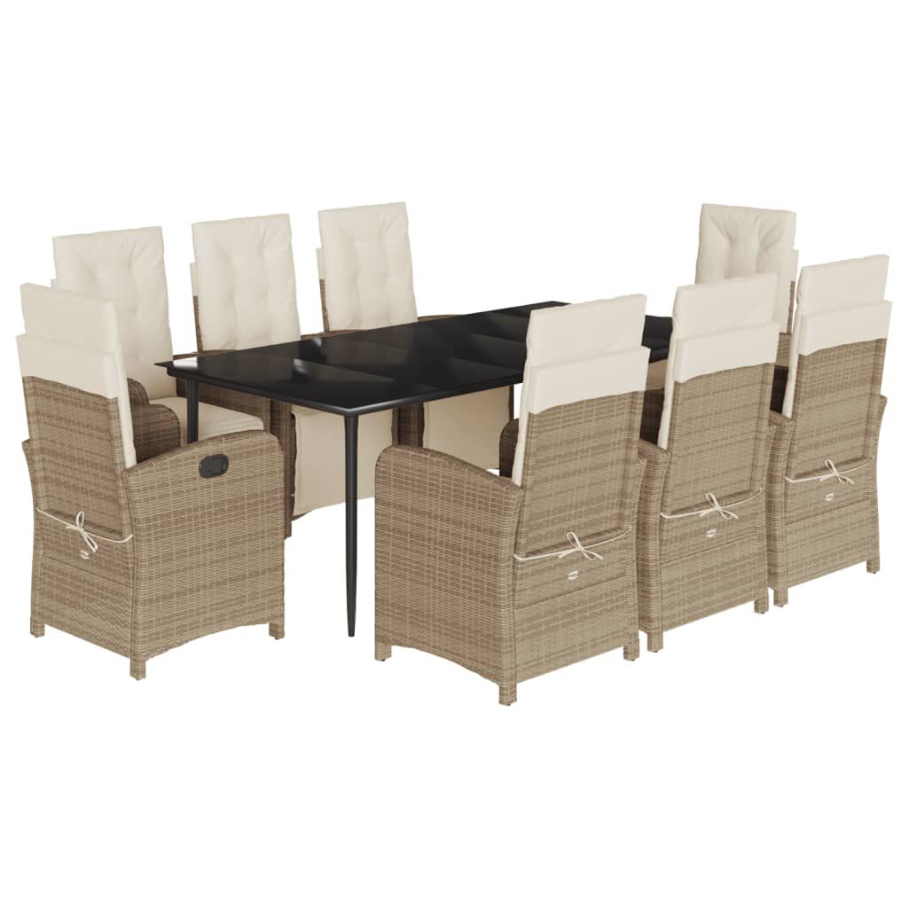 vidaXL 9 Piece Garden Dining Set with Cushions Beige Poly Rattan