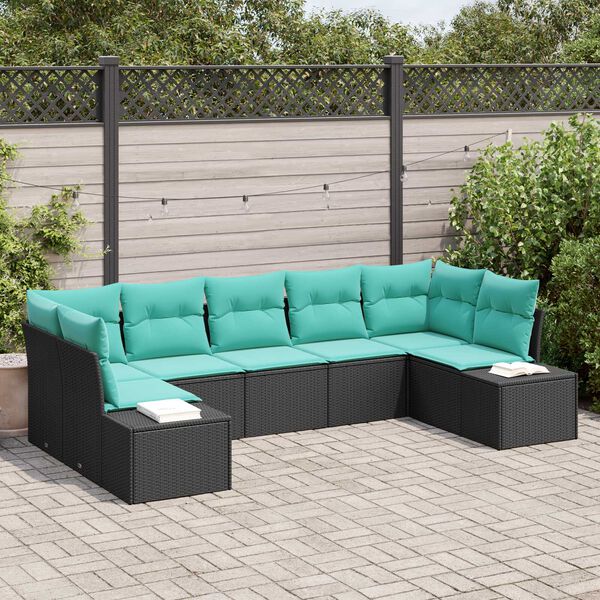 vidaXL 7 Piece Garden Sofa Set with Cushions Black Poly Rattan