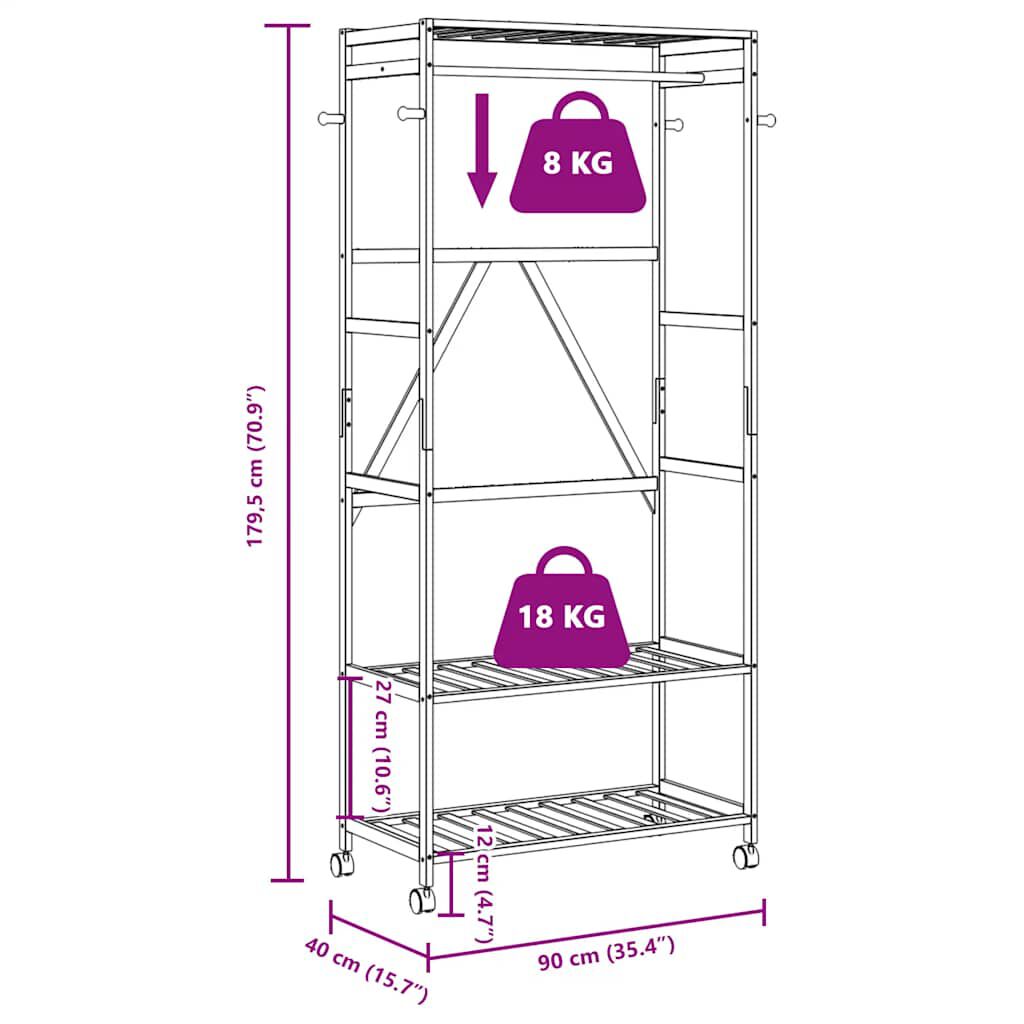 vidaXL Clothes Rack with Shelves and Wheels 90x40x179.5 cm Bamboo