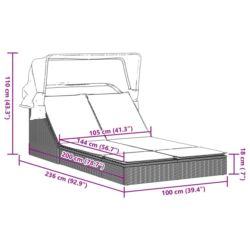 vidaXL Double Sun Lounger with Canopy and Cushions Black Poly Rattan
