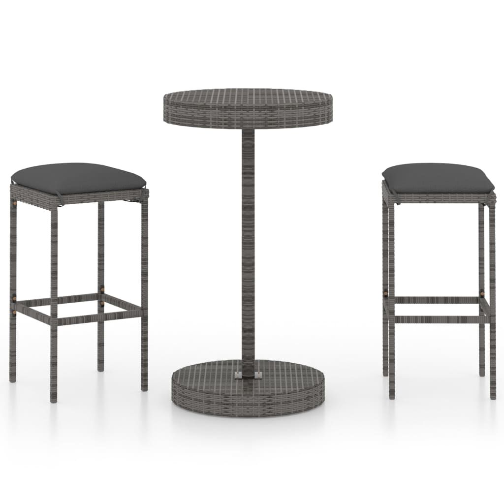 vidaXL 3 Piece Garden Bar Set with Cushions Poly Rattan Grey
