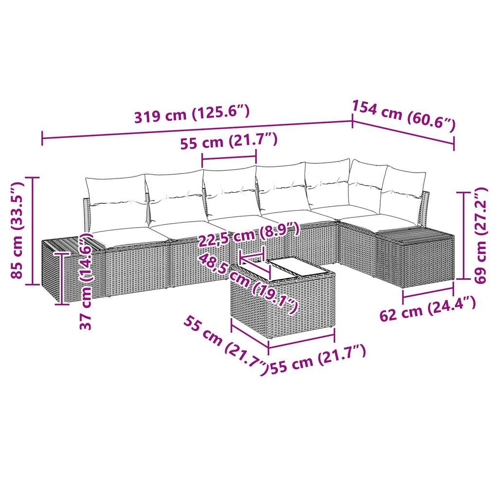 vidaXL 7 Piece Garden Sofa Set with Cushions Black Poly Rattan