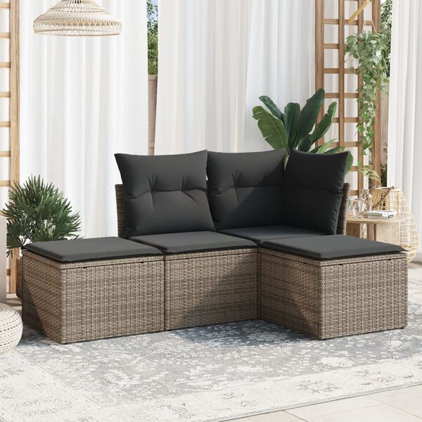 vidaXL 4 Piece Garden Sofa Set with Cushions Grey Poly Rattan