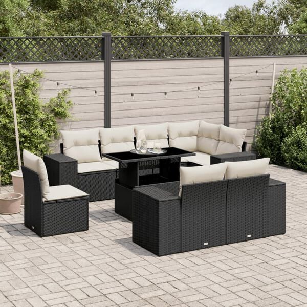vidaXL 9 Piece Garden Sofa Set with Cushions Black Poly Rattan